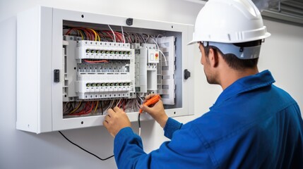 Professional electrician man works in a switchboard with an electrical connecting cable, Electrician repairing - obrazy, fototapety, plakaty