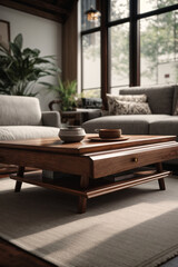 Japanese-style home interior design of modern living room. Rustic coffee table near white sofa