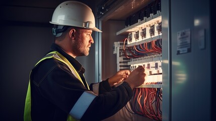 Professional electrician man works in a switchboard with an electrical connecting cable, Electrician repairing