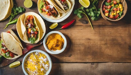 Copy Space image of Taco bar side border with an assortment of ingredients. Top view on a dark wood banner background