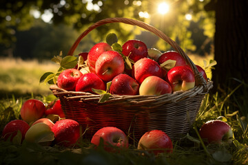 Idyllic Scene: Ripe Apples in Wicker Basket Under Apple Tree, Gracing Sunlit Morning Grass During Sunrise, Capturing the Essence of Summer's Abundance and Tranquility, background, wallpaper