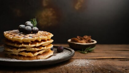 Copy Space image of Belgian waffles with strawberries, blueberries and syrup on wooden table.