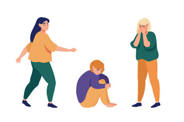 Hand painted unhappy young women in depression in different poses Concept of grief frustration and depression Colored flat vector illustration isolated on simple background.