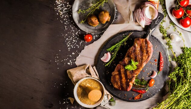 BBQ Grilled rib eye steak, fried rib eye beef meat on a plate with green salad. Dark background.