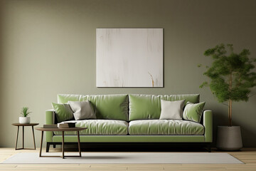 luxury modern living room with green sofa.  Bright large living room with green wall. Modern interior design. Space beige background for mockup. 3d rendering