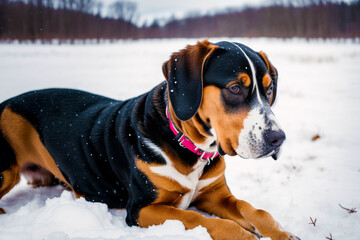 Portrait of a beautiful dog breed American English Coonhound in the park.  Generative AI