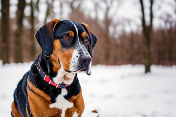 Portrait of a beautiful dog breed American English Coonhound in the park.  Generative AI