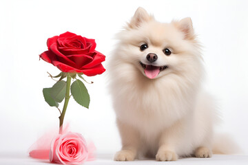 Fototapeta na wymiar Funny dog congratulates on Valentine's Day on a white background with a rose.