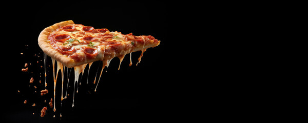 Flying slice of hot pizza with stretchy cheese - obrazy, fototapety, plakaty