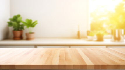 Empty Beautiful wood table top and blur bokeh modern kitchen interior background in clean and bright, Ready for product montage created with Generative Ai