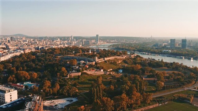 Aerial view of Belgrade rivers and cityscape, Serbia.	
