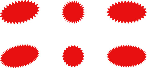 Starburst red sticker set - collection of special offer sale oval and round shaped sunburst labels and badges. Promo stickers with star edges. Vector.