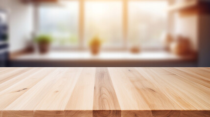 Empty Beautiful wood table top and blur bokeh modern kitchen interior background in clean and bright, Ready for product montage created with Generative Ai

