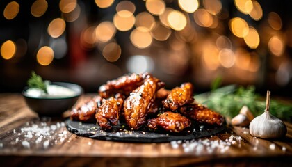 Copy Space image of Grilled chicken wings with sauces on a wooden board. Traditional baked bbq buffalo wing on bokeh background.
