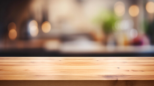 Empty Beautiful wood table top and blur bokeh modern kitchen interior background in clean and bright, Ready for product montage created with Generative Ai