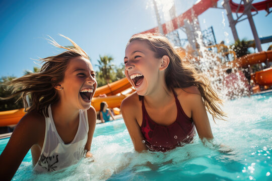 girls sharing moment of laughter while conversing in a pool at a water park