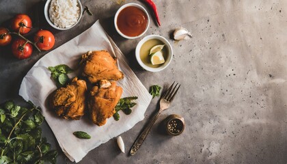 Copy Space image of crunchy Baked Chicken Tenders on a plate with tomato sauce, flat lay