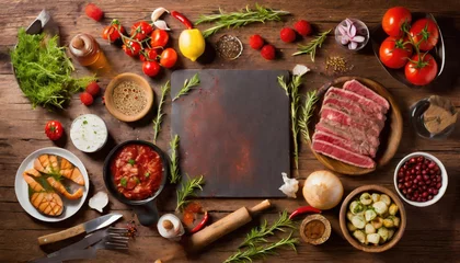 Fotobehang Barbecue menu. Grilled meat and vegetables on rustic wooden table © ImagineWorld