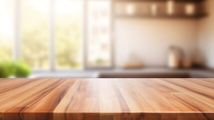 Fototapeta na wymiar Empty Beautiful wood table top and blur bokeh modern kitchen interior background in clean and bright, Ready for product montage created with Generative Ai