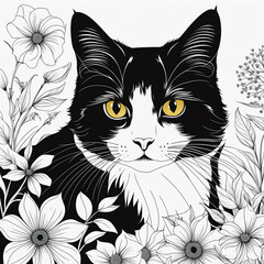 Cat and Flowers Line art