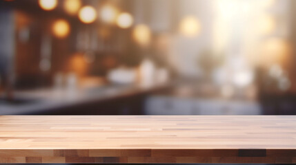 Empty Beautiful wood table top and blur bokeh modern kitchen interior background in clean and bright, Ready for product montage created with Generative Ai - obrazy, fototapety, plakaty
