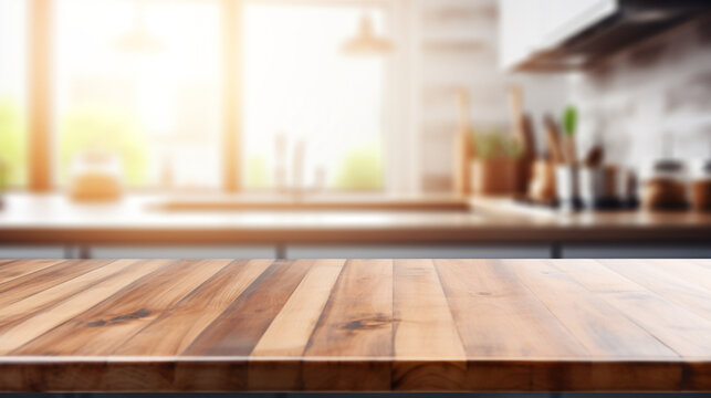 Empty Beautiful wood table top and blur bokeh modern kitchen interior background in clean and bright, Ready for product montage created with Generative Ai

