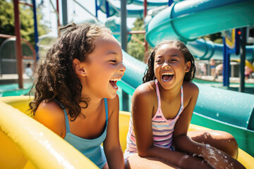 girls sharing moment of laughter while conversing in a pool at a water park - obrazy, fototapety, plakaty