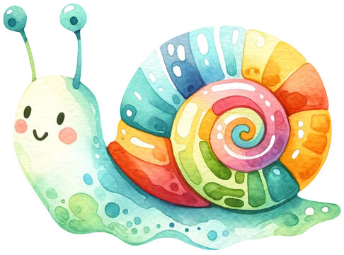 Colorful cute watercolor snail rainbow illustration