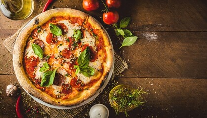 Copy Space image of Pizza Margherita on wooden background, Pizza Margarita with Tomatoes,