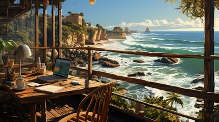 Summer Work Serenity Embraces Remote Job, Utilizing Laptops on the Beach with the Sound of Ocean Waves