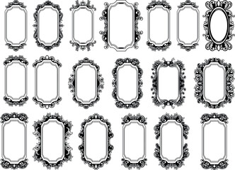 Antique mirror frame, Baroque Mirror frames great set collection clip art Silhouette , Black vector illustration on white background.