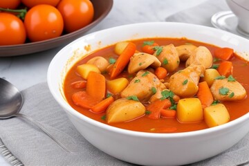 Chicken stew with tomatoes, onions, carrots, and potatoes.