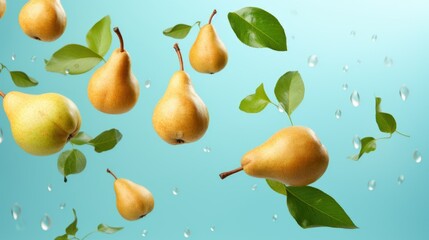Fresh yellow raw pear falling in the air on blue background. Food zero gravity conception.