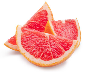 Slices of red grapefruit on white background. File contains clipping path.