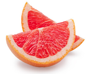 Slices of red grapefruit on white background. File contains clipping path.
