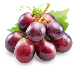 Bunch of red table grape with green leaf on white background. File contains clipping path.