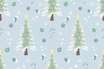 christmas tree background seamless pattern on blue background snow vector illustration 