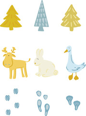 Vector hand drawn characters deer rabbit and goose