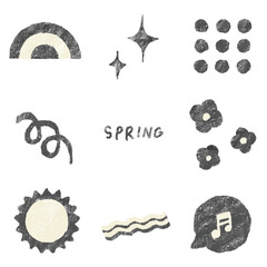春らしいレトロなデコレーションイラストセット（モノクロ）