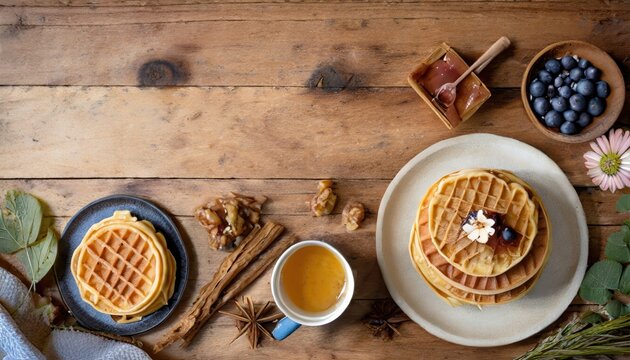 Copy Space image of waffles made from pumpkin puree, eggs and flour, with the addition of cinnamon, cloves. © ImagineWorld