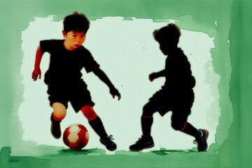 An illustration of A little asian boy. Playing soccer. Silhouette. Watercolor paint. Generative AI