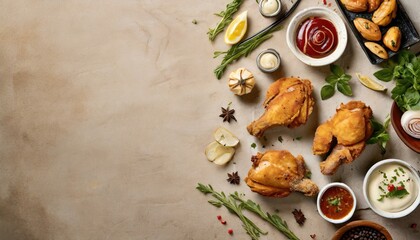 Copy Space image of Breaded chicken drumstick, leg, wing and breast tenders strips. Dark Wooden background.