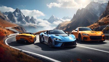 a dynamic scene of two high-performance sports cars racing on a winding mountain road ai generated - obrazy, fototapety, plakaty