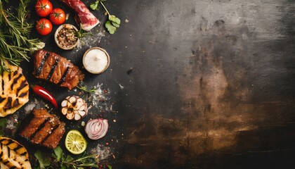 Obraz na płótnie Canvas BBQ Grilled rib eye steak, fried rib eye beef meat on a plate with green salad. Dark background.