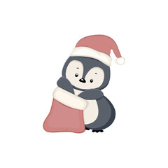 cute baby penguin in a santa claus hat fits into a christmas bag vector