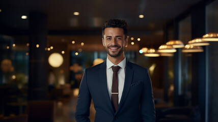 Fototapeta premium Portrait of happy Young Arab businessman looks in camera at office background.