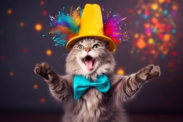Funny cat in birthday hat, balloons and throwing confetti. Animal birthday celebration