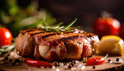 Copy Space image with close up of barbecue ribs on cutting board over wooden table.