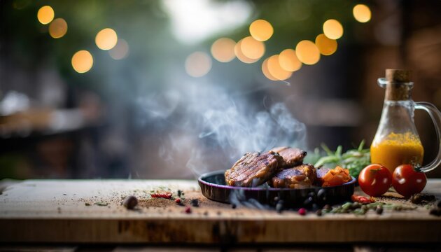 Copy Space image of Barbecue grilled and sliced wagyu Rib Eye beef meat steak on a plate with smoke on bokeh background.