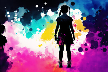 An illustration of A little asian girl. Playing. Silhouette. Watercolor paint. Generative AI